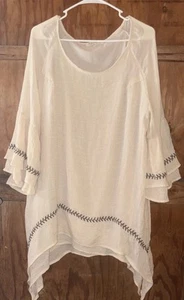 Indigo Soul Bohemian Top 2XL Crinkle Gauze Tiered Ruffles Peasant Neck Tan - Picture 1 of 6