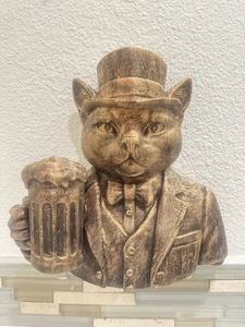 Gentlemen Cat Wall Sculpture With Beer Mug - Whimsical Feline Man Cave Bar Decor - Picture 1 of 6