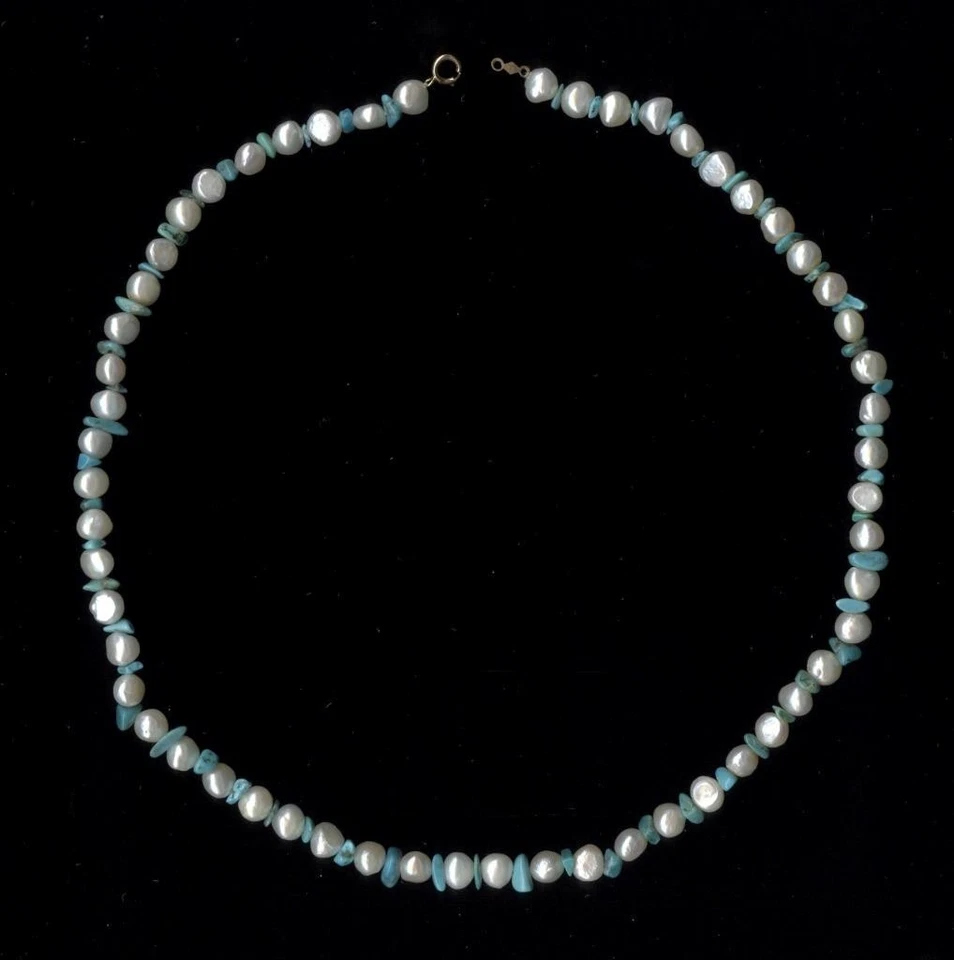 10K 20.78 Gram 18" Solid Yellow Gold Baroque Pearl & Turquoise Bead Necklace (vd - Image 1 of 1
