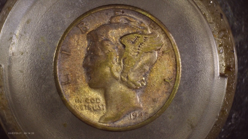 1945-S Mercury Dime, 90% Silver US Mint Coin, Free Shipping. Beautiful Toning! - Image 1 of 2