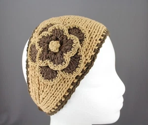 Brown 100% cotton flower crochet ear warmer muff head band wrap knit - Picture 1 of 11