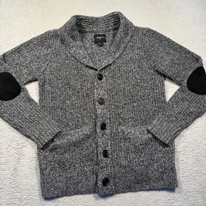 Mens Gray Marled Knit Shawl Collar Cardigan Sweater Elbow Patches Forever 21 - Picture 1 of 4
