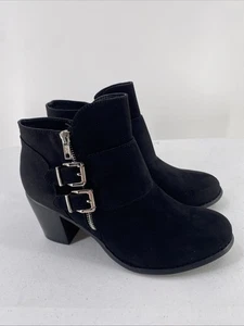 Aukusor Stiefeletten schwarz Damen 10 Reißverschluss mittelhoch Blockabsatz Schnallendetail - Bild 1 von 16