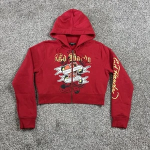 Ed Hardy Women’s Broken Hearts Cherry Red Zip Front Cropped Hoodie Size XL - Picture 1 of 6