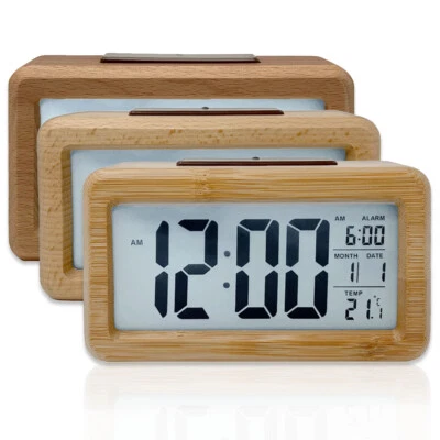 LED Bambus Holz Wecker Digital Alarmwecker Uhr Beleuchtet Schlummerfunktion LCD - Bild 1 von 2