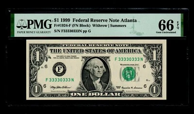 Special Serial number (F33330333N) 1999 $1 Federal Reserve Note PMG  GEM 66 EPQ - Image 1 of 2