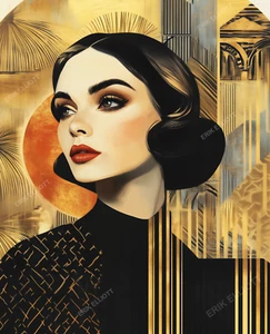 8x10 Art Deco Frau Portrait Druck Gold Glamourös Vintage Stil / Signiert - Bild 1 von 2