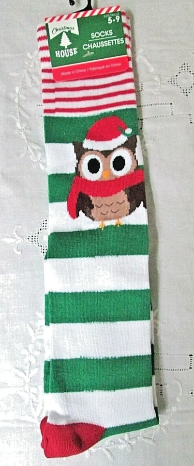 Calcetines hasta la rodilla de vacaciones de Navidad a rayas verdes búho NUEVO talla 5-9 elásticos  Foto 1 de 3
