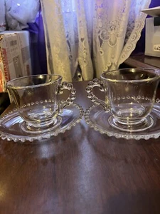 IMPERIAL GLASS CANDLEWICK CLEAR STEM 400 37 Footed Cup & Saucers Set (2) - Picture 1 of 7