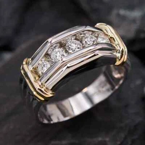 Men's Special Band Rin In 14K Two Tone Gold Plated Round Moissanite Diamond - Picture 1 of 7