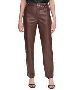 Calvin Klein Faux Leather Pants Wmns Sz-8 Straight Leg Coffee Brown NWT$89 - Picture 1 of 9