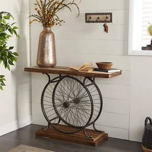 Entry Table Rustic Farmhouse Console Sofa Retro Vintage Bicycle Wheel Style New - Picture 1 of 24