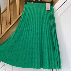TU Size 8 Green Broderie Lace Skirt Pleated Midi Long Elasticated Waist & Lined - Picture 1 of 12