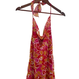 Vintage Y2K Alyn Paige Neckholder Midikleid S Mod Blumen Taschentuchsaum drapierter Ausschnitt - Bild 1 von 6