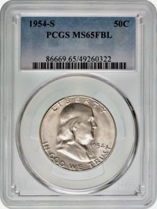 :1954-S 50C FRANKLIN HALF DOLLAR PCGS MS65FBL FULL BELL LINES R3 BLAST WHITE - Picture 1 of 2