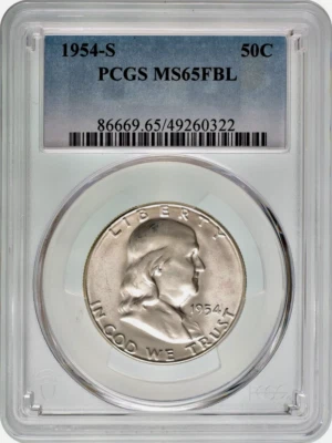 :1954-S 50C FRANKLIN HALF DOLLAR PCGS MS65FBL FULL BELL LINES R3 BLAST WHITE - Image 1 of 2