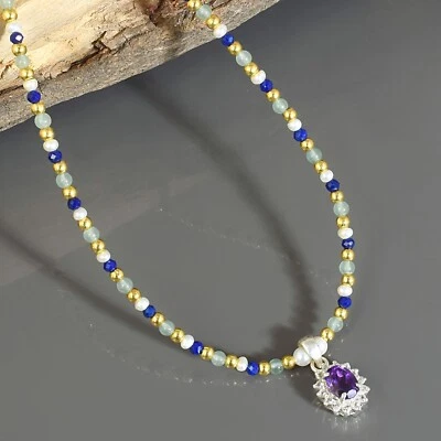 Naturale Ametista & Lapislazzuli Multicolore Perlina Catena 925 Argento Collana - Immagine 1 di 4