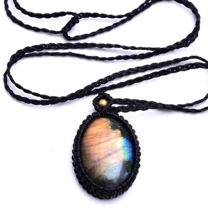 Natural Labradorite Handmade Bohemian Macrame Pendant Healing Crystal Necklace - Picture 1 of 13