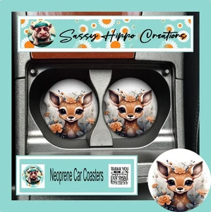 Car Coasters Woodland Deer Big Eyes Flowers Set of 2 Neoprene Absorb Sublimated - Picture 1 of 5