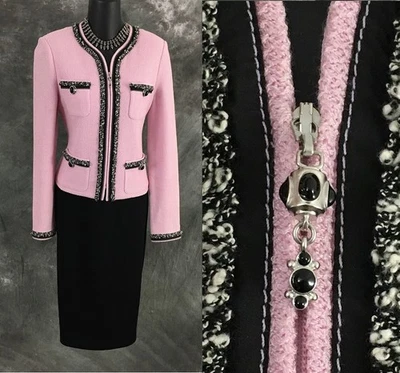 HERMOSA Colección St John Punto Rosa Negro Blanco Chaqueta Falda Traje Talla 2 Foto 1 de 4
