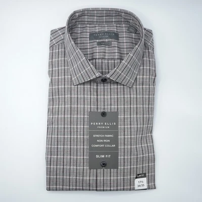 Perry Ellis Dress Shirt 17.5"-34/35" SLIM FIT Gray Red White Plaid Non Iron NWT - Image 1 of 4