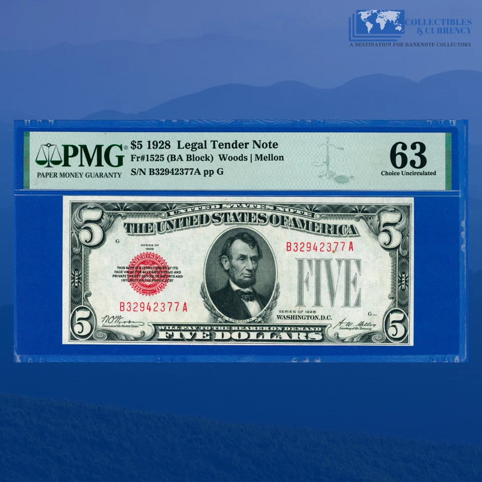 Fr.1525 1928 $5 Five Dollars Legal Tender Note, B/A Block, PMG CU 63 #42377 - Image 1 of 3