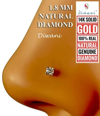 1.8mm Naturale I Diamante Solitario Matrimonio Naso Piercing Pin Anello Lobo 14k - Immagine 1 di 4