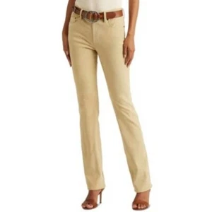 Pantaloni donna Lauren Ralph Lauren in camoscio pergamena pallido marrone vita alta gamba dritta - Foto 1 di 1