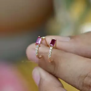 Natural Ruby and Pave Diamond Solid 14K Yellow Gold Plated Hoop Earrings B265 - Picture 1 of 4