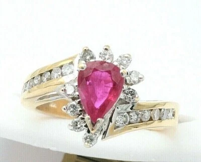1.75 Carat Diamond & Pear Shaped Ruby Ring 14K Gold Brand New Store Buyout $3800 - Image 1 of 4