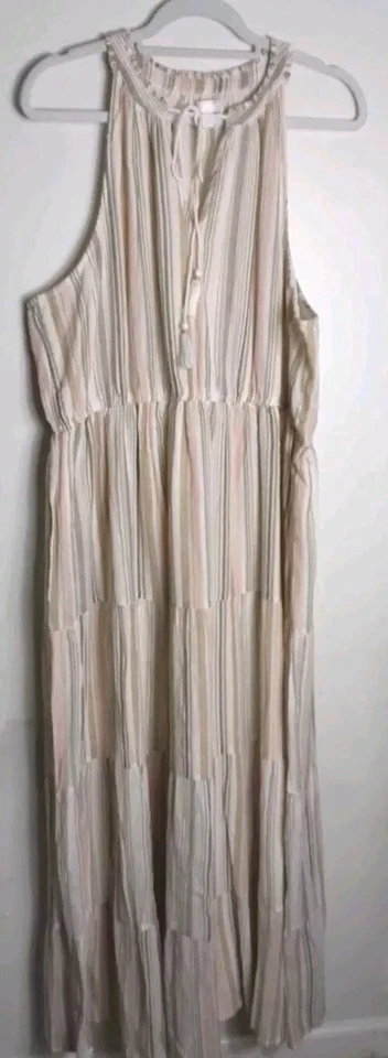 Vestido LC Lauren Conrad Mujer 2X Maxi Beige Rayas Sin Mangas Halter  Foto 1 de 4