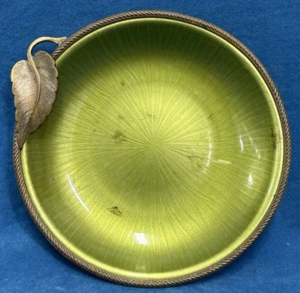 Green Enamel on Copper Dish with Brass Leaf 1950s Art Deco - Evans - Picture 1 of 9