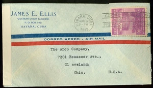 JAMES E.ELLIS WESTERN UNION BLDG HABANA 1942 CORREO AÉREO SEGUNDA GUERRA MUNDIAL CUBIERTA CENSURADA a EE. UU. - Imagen 1 de 2