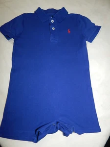 Ralph Lauren Boys Solid One Piece Romper size 24 Months Blue Collared Red Logo - Picture 1 of 4