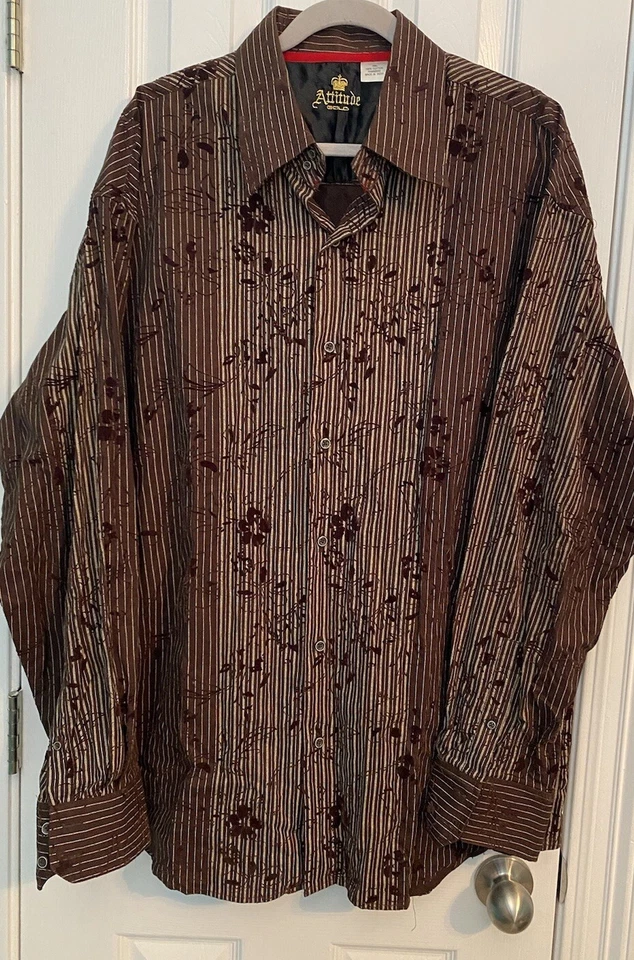 Attitude Gold Mens Sz 3XL Long Sleeves Velvet Designed Brown on Brown Button Up - Image 1 of 4