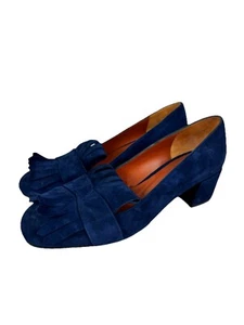 Penelope Chilvers Navy Blue Suede Fringe Block Heel Women’s Loafers Size UK3 - Picture 1 of 6