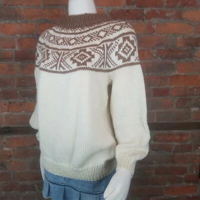 VTG Womens Hand Knit Sweater Northern Isles Style Ivory & Brown Lg Sleeve Size M - Image 1 of 4