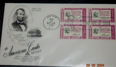 FD Cover "AM CREDO SERIES - LINCOLN: Four Stamps" (Cancel Baltimore) 09-14-1960 - Image 1 of 3