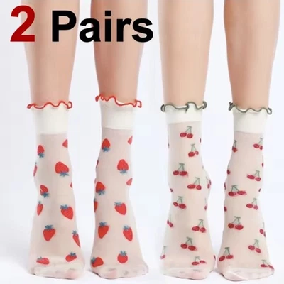 Calcetines transparentes con volantes cerezas y fresas -2 pares pinup para mujer de moda Foto 1 de 4