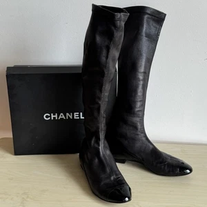 CHANEL Lambskin Leather Knee High  Cap Toe Riding Boots (box + dustbag) - sz 38 - Picture 1 of 18