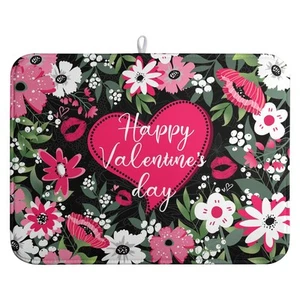 Valentine's Day Dish Drying Mat 18x24" Flowers Love Heart Absorbent - Picture 1 of 7