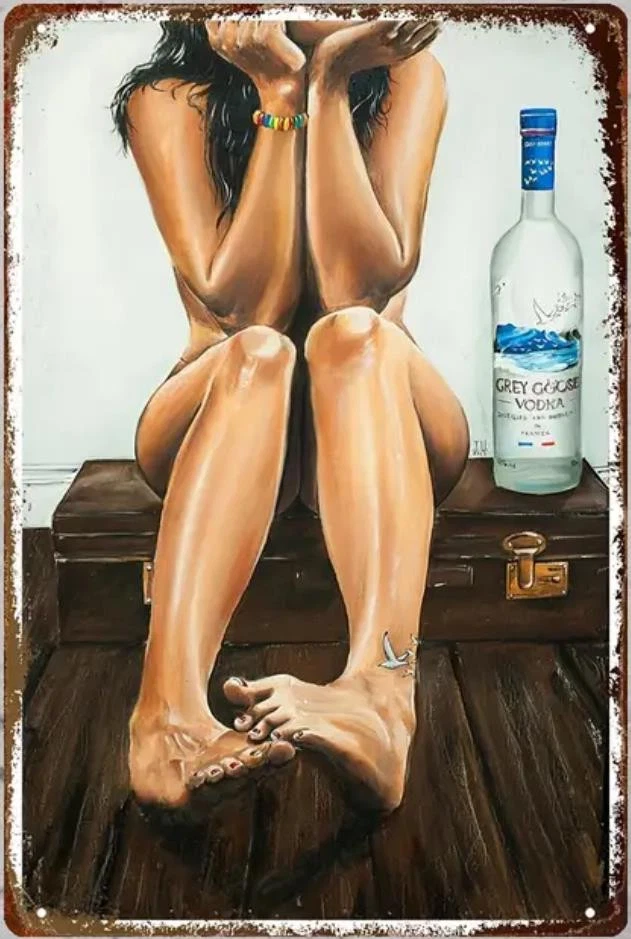 GRIS GANSO VODKA METAL HOJALATA LETRERO HOMBRE ARTE RUPESTRE BAR LETRERO MUJER SEXY PIERNAS ARTE Foto 1 de 1