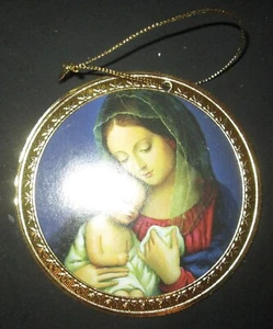 Pappe Herz-Jesu-Bund Goldrand Maria & Jesuskind Weihnachtsschmuck - Bild 1 von 2