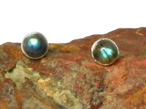 Fiery LABRADORITE Sterling Silver 925 Gemstone Stud Earrings - 8 mm - Picture 1 of 4
