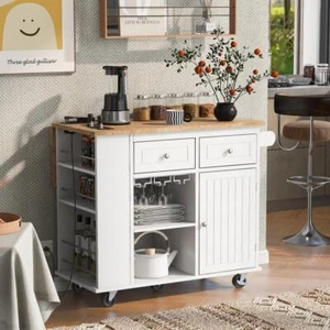 Harper and Bright Designs Kitchen Cart 29.3"x39.8"x33.7" White w/Power Outlet - Picture 1 of 8