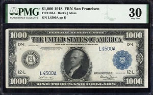 1918 $1000 One Thousand Dollar San Francisco FRN Note Fr#1133L PMG VF 30 - Picture 1 of 3