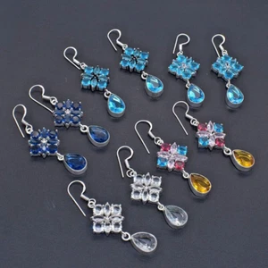 Blue Topaz Quartz Earring For Women's Lot 5 Pair 925 Stamp Silver Plated Jewelry - Picture 1 of 7