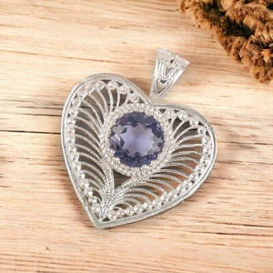 Birthday Gift For Her Natural Iolite Gemstone Pendant Love Heart 925 Silver - Picture 1 of 4