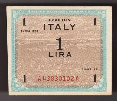 1943 Italy 1 Lira WWII Allied Military Currency   P-M10 - Image 1 of 2