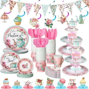 257 Pcs Floral Tea Party Supplies - Elegant Pink Disposable Decoration Set - Picture 1 of 8